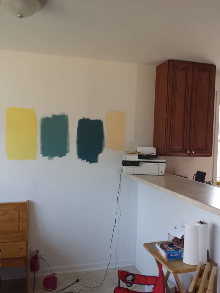 Behr Paint Colors - Bicycle Yellow, Vintage Teal, Cathedral, Butter Cookie 