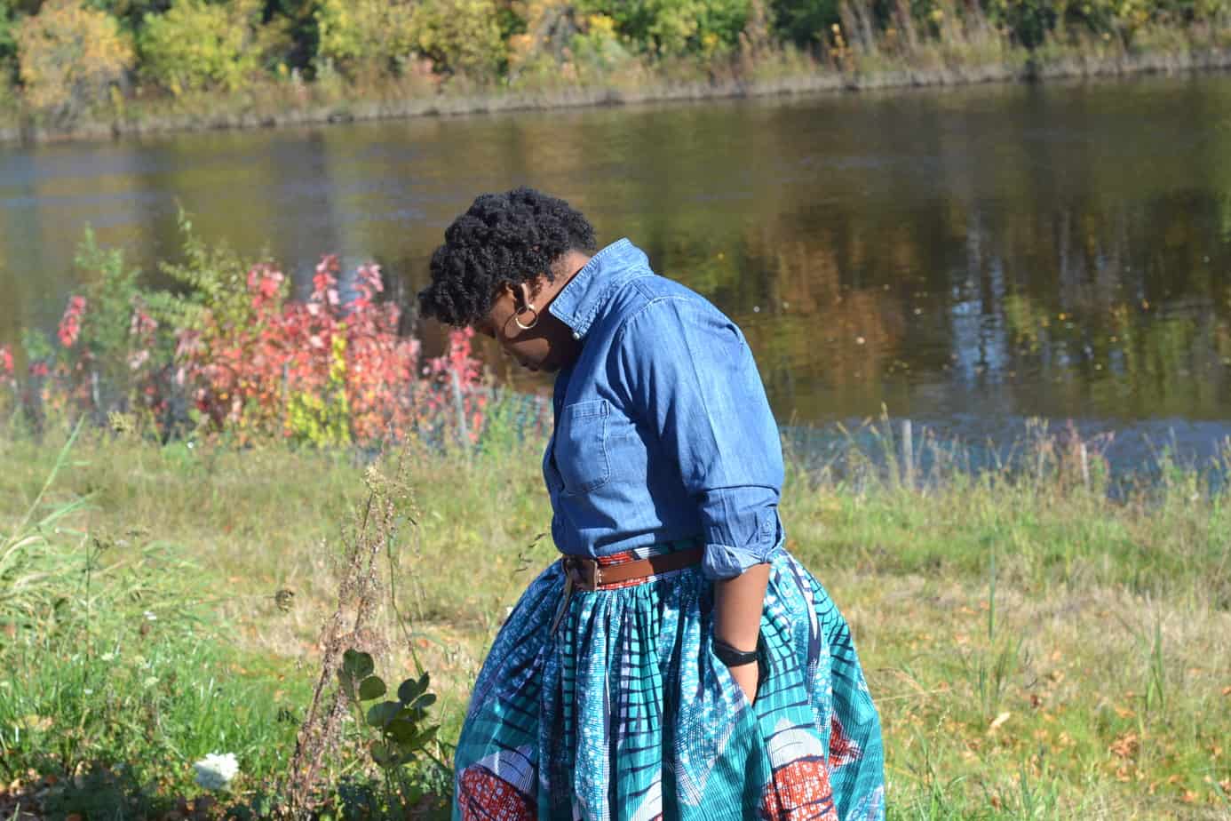 Ankara maxi skirt with chambray shirt 