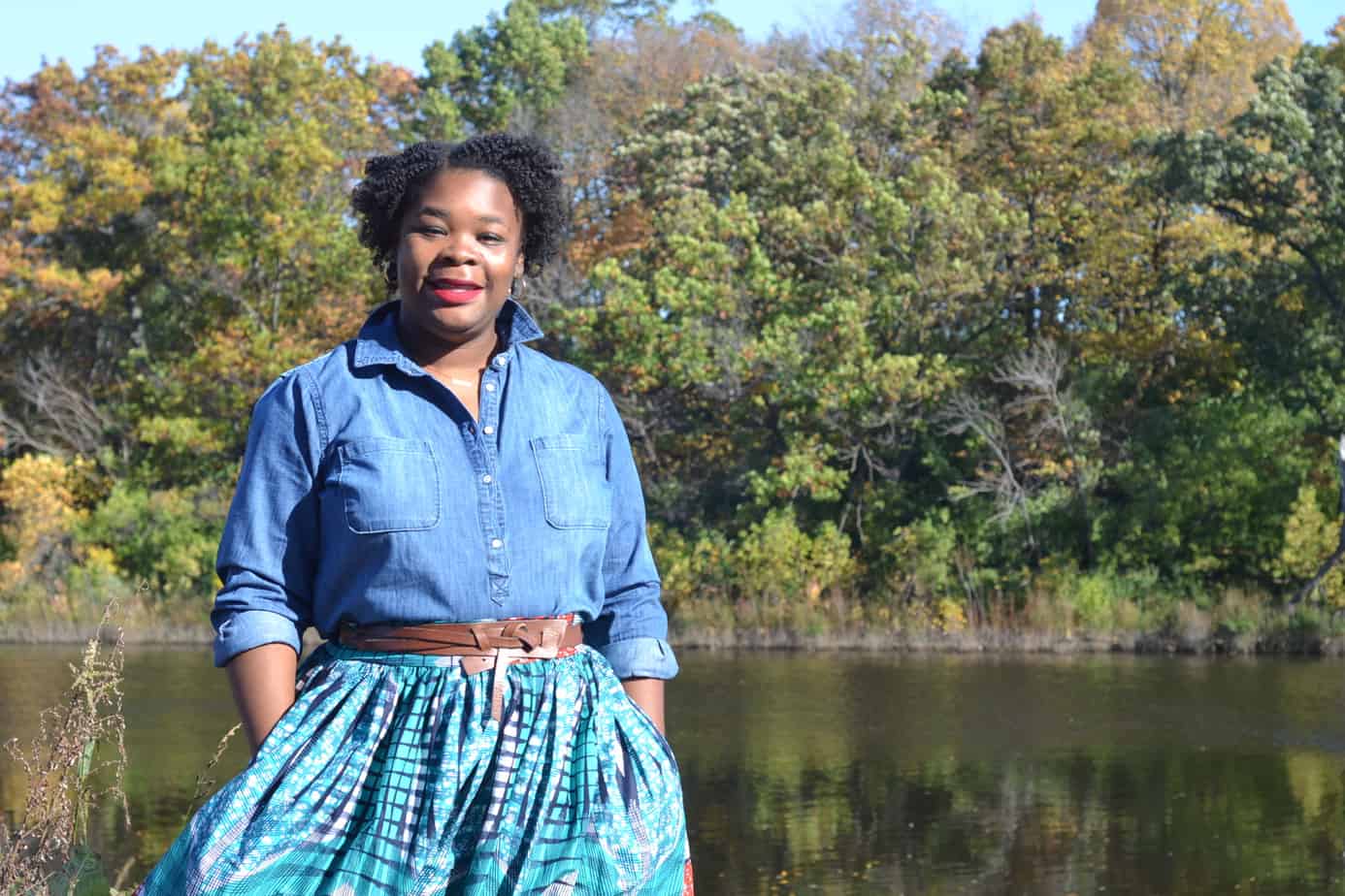 Ankara maxi skirt with chambray shirt