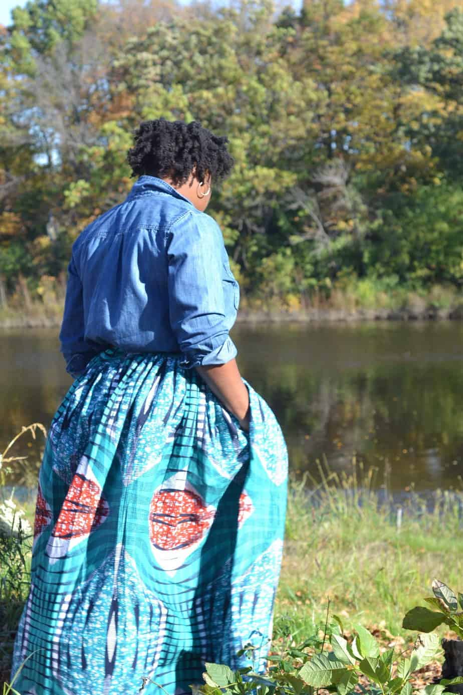 Ankara maxi skirt with chambray shirt