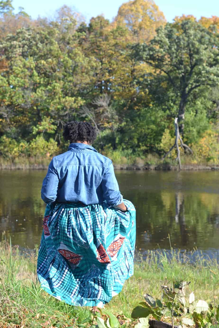 Ankara maxi skirt with chambray shirt