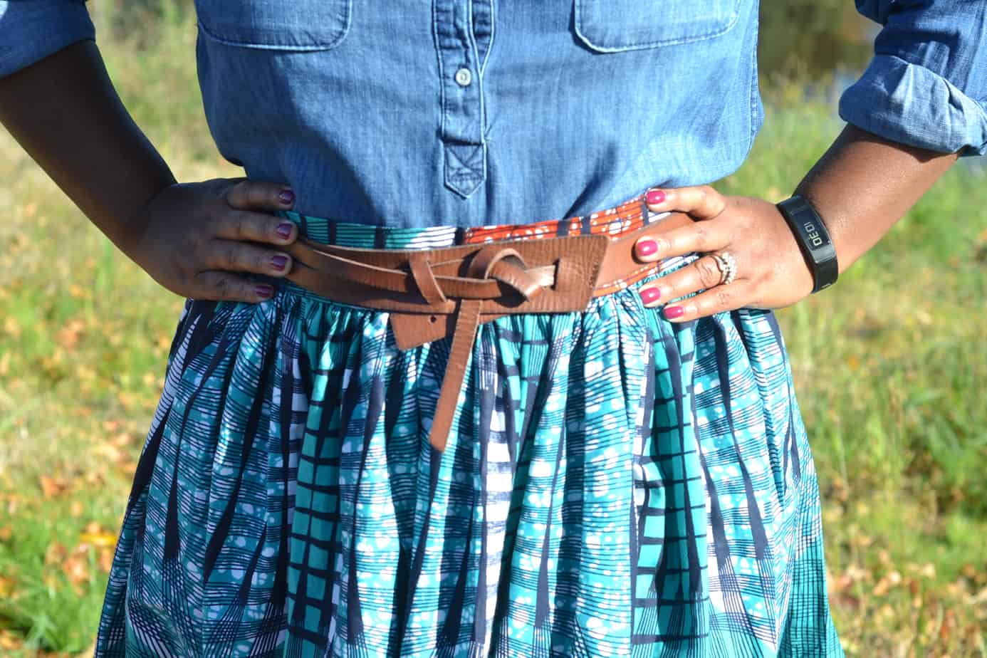 Ankara maxi skirt with chambray shirt 