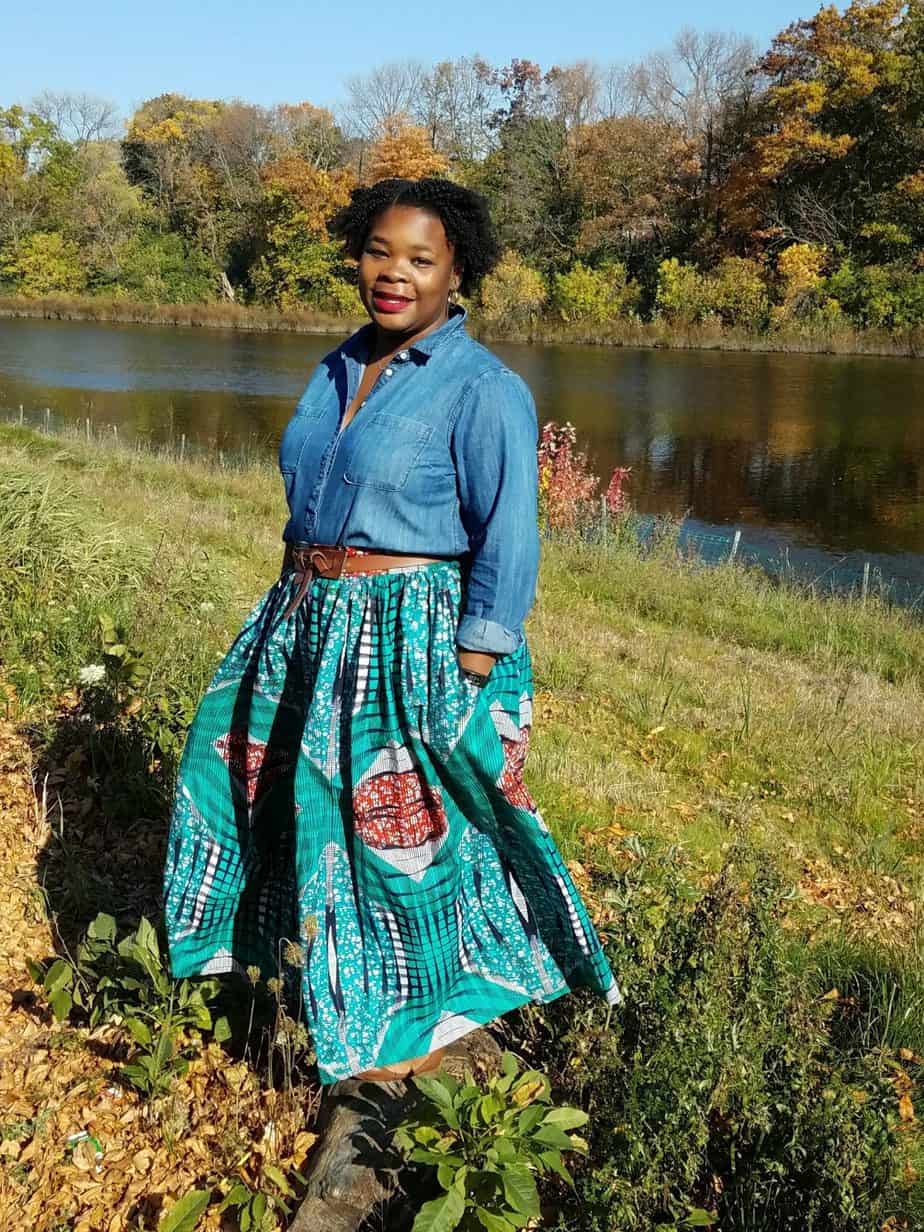 Ankara maxi skirt with chambray shirt