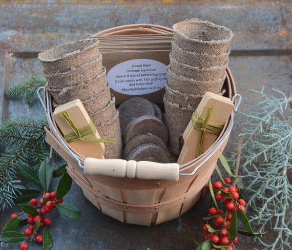 Herb Garden Gift Basket, Heirloom Seeds in Harvest Basket, Great Gift for Gardener or Gift for Mom, Garden Kit for Herbs, Hostess Gift Set from Mountainlily Farm 