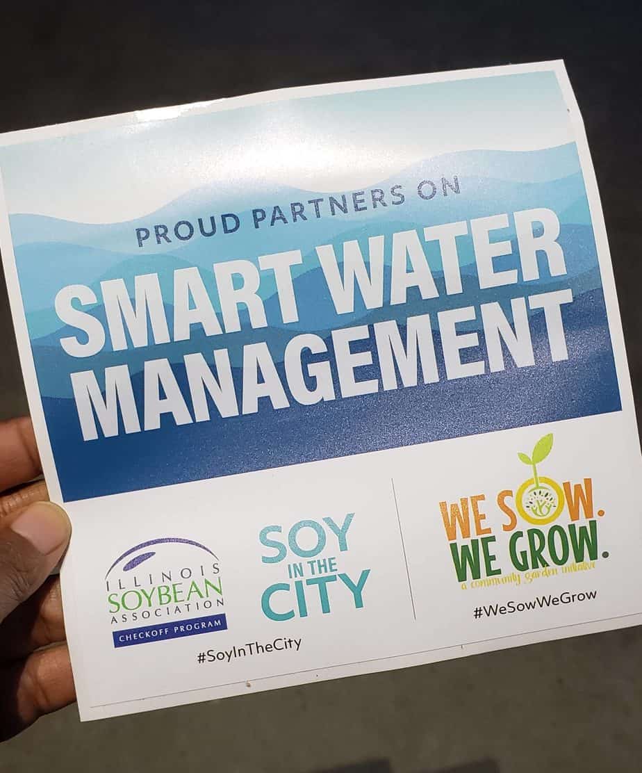 Smart Water Retention Sticker showcasing We Sow We Grow and Illinois Soybean Association