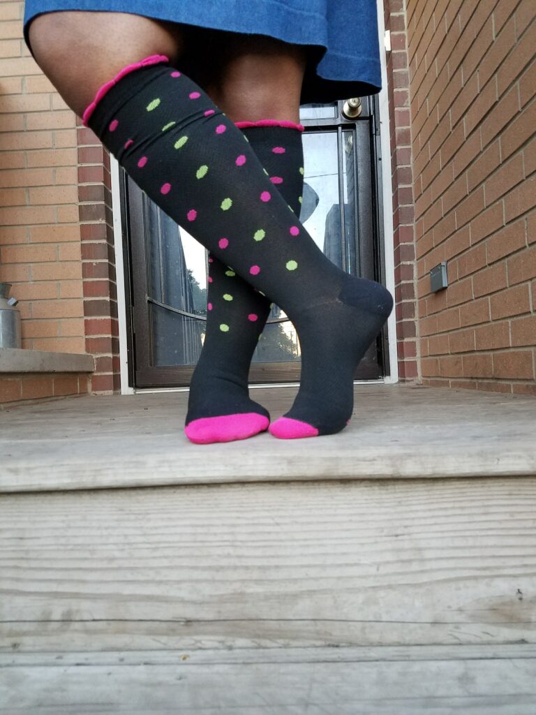 Compression socks for MS fatigue and circulation support in fun printed pattern